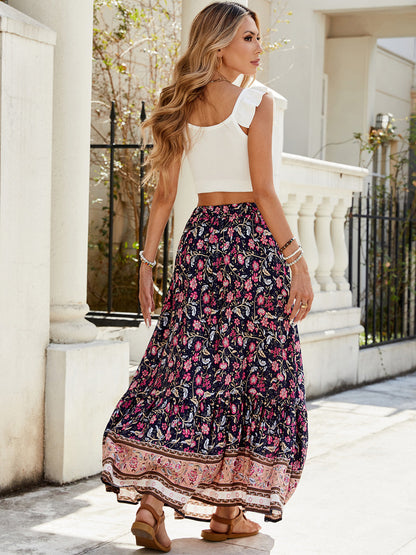 🔥Heute bis zu 69 % Rabatt🔥Damen-Maxiröcke mit Falten, A-Linie, Boho-Blumenmuster, elastisch, hohe Taille