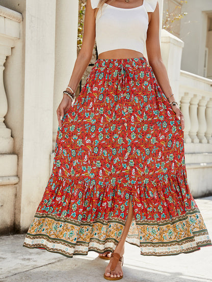 🔥Heute bis zu 69 % Rabatt🔥Damen-Maxiröcke mit Falten, A-Linie, Boho-Blumenmuster, elastisch, hohe Taille