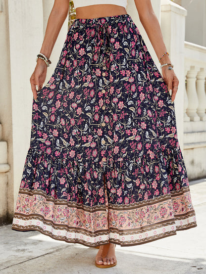 🔥Heute bis zu 69 % Rabatt🔥Damen-Maxiröcke mit Falten, A-Linie, Boho-Blumenmuster, elastisch, hohe Taille