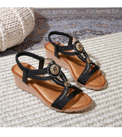 Sandales compensées confortables à plateforme et strass style bohème