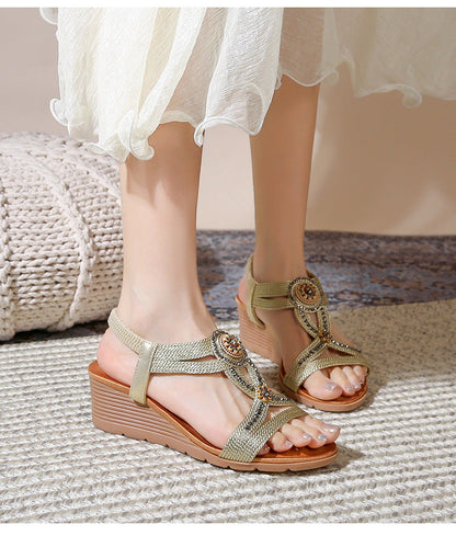 Sandales compensées confortables à plateforme et strass style bohème