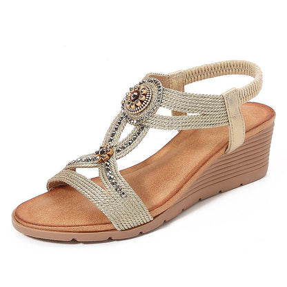 Sandales compensées confortables à plateforme et strass style bohème