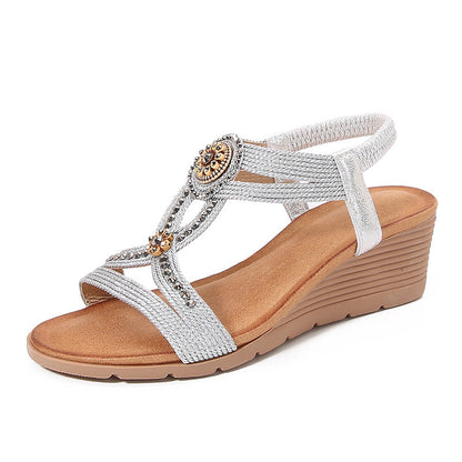 Sandales compensées confortables à plateforme et strass style bohème