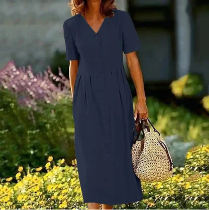 Aprikosenfarbenes, schlichtes, kurzärmliges Midikleid 