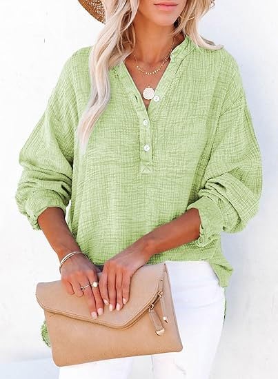 🔥Best-1 Tops 2025🔥Women Casual Button V Neck Long Sleeve Shirts Oversized Solid Blouses Tops
