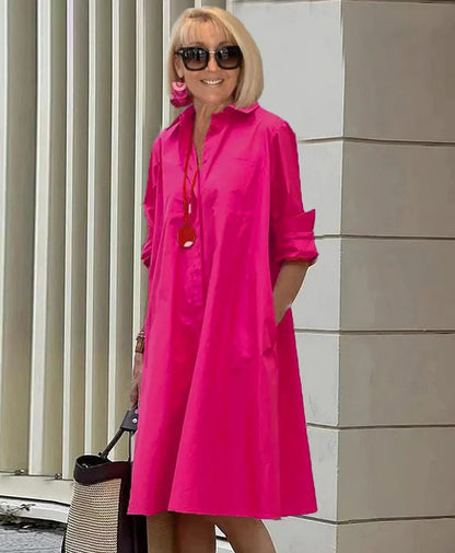Robe mi-longue à manches longues et col chemise pour femme, nouvelle collection été 2025, avec poches 