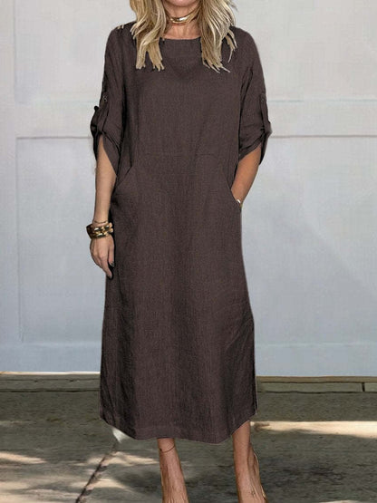 🔥HOT SALE🔥Women Summer Solid Color Linen Cotton Casual Double Side Pocket Dress(BUY 2 FREE SHIPPING)