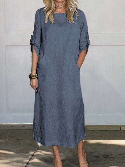 🔥HOT SALE🔥Women Summer Solid Color Linen Cotton Casual Double Side Pocket Dress(BUY 2 FREE SHIPPING)