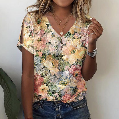 T-shirt décontracté à col en V en coton à fleurs 