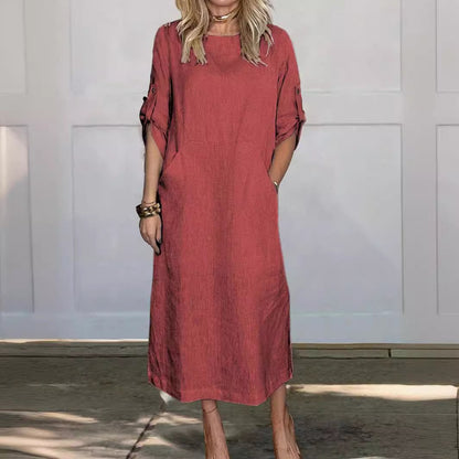 🔥HOT SALE🔥Women Summer Solid Color Linen Cotton Casual Double Side Pocket Dress(BUY 2 FREE SHIPPING)