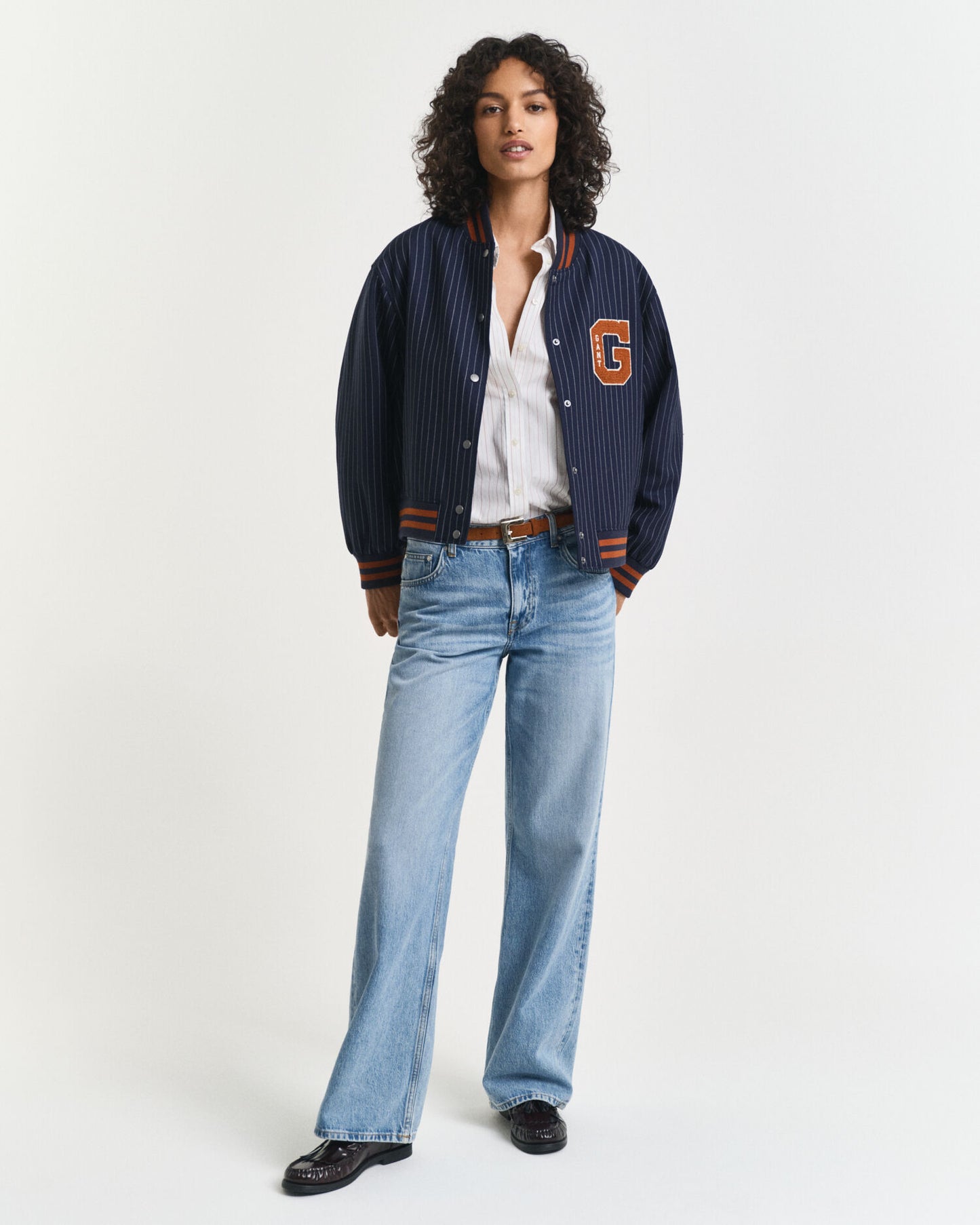 Pinstriped Varsity Jacket
