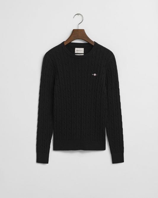 Stretch Cotton Cable Knit Crew Neck Sweater
