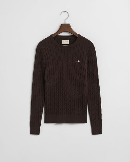 Stretch Cotton Cable Knit Crew Neck Sweater
