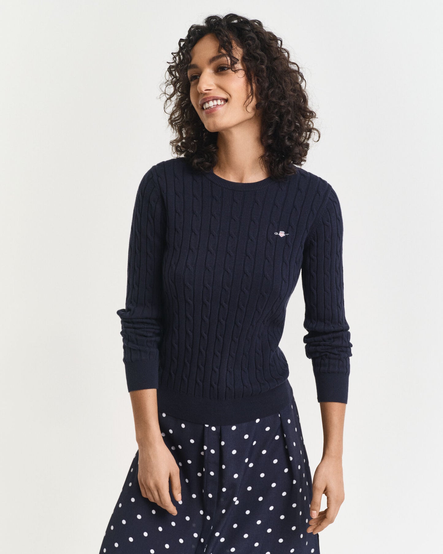 Stretch Cotton Cable Knit Crew Neck Sweater