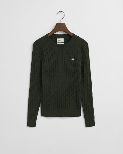Stretch Cotton Cable Knit Crew Neck Sweater