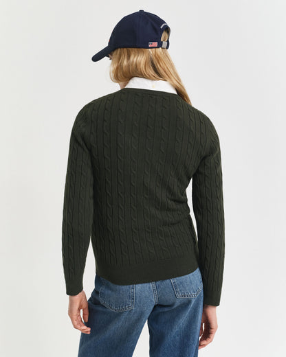 Stretch Cotton Cable Knit Crew Neck Sweater